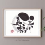 笑門来福の筆文字作品。太い筆ペンで力強く描かれた四字熟語と薄いグレーの円相の優しいコントラストが美しい縁起の良い一枚。