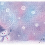 4枚の「雪だるま」の3色パステルアート作品を1つにまとめたコラージュ画像。あたたかなオレンジの暖色系・クールだけどあったかいパープルブルー系・ポップなレインボーカラー系・シックなイエローグレー系と、色の組み合わせによって異なる雰囲気の雪だるまが並んでいます。