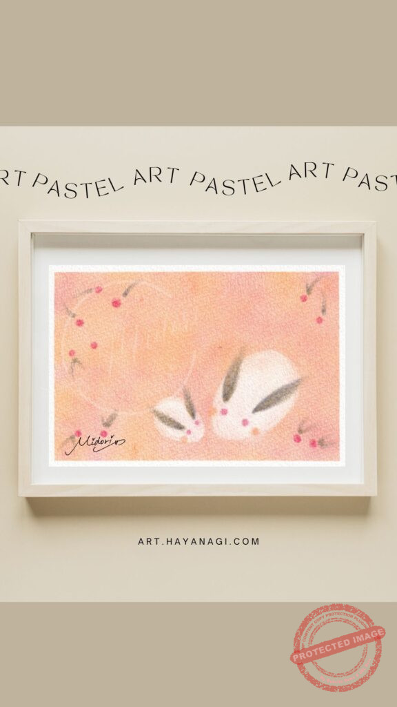 3色パステルアートで描いた『雪うさぎ』の親子です。橙・赤・紺の3色のパステルを使用した、寒さの中に温もりを感じる冬の風景画。MIDORIの癒やしのパステルアート作品です。