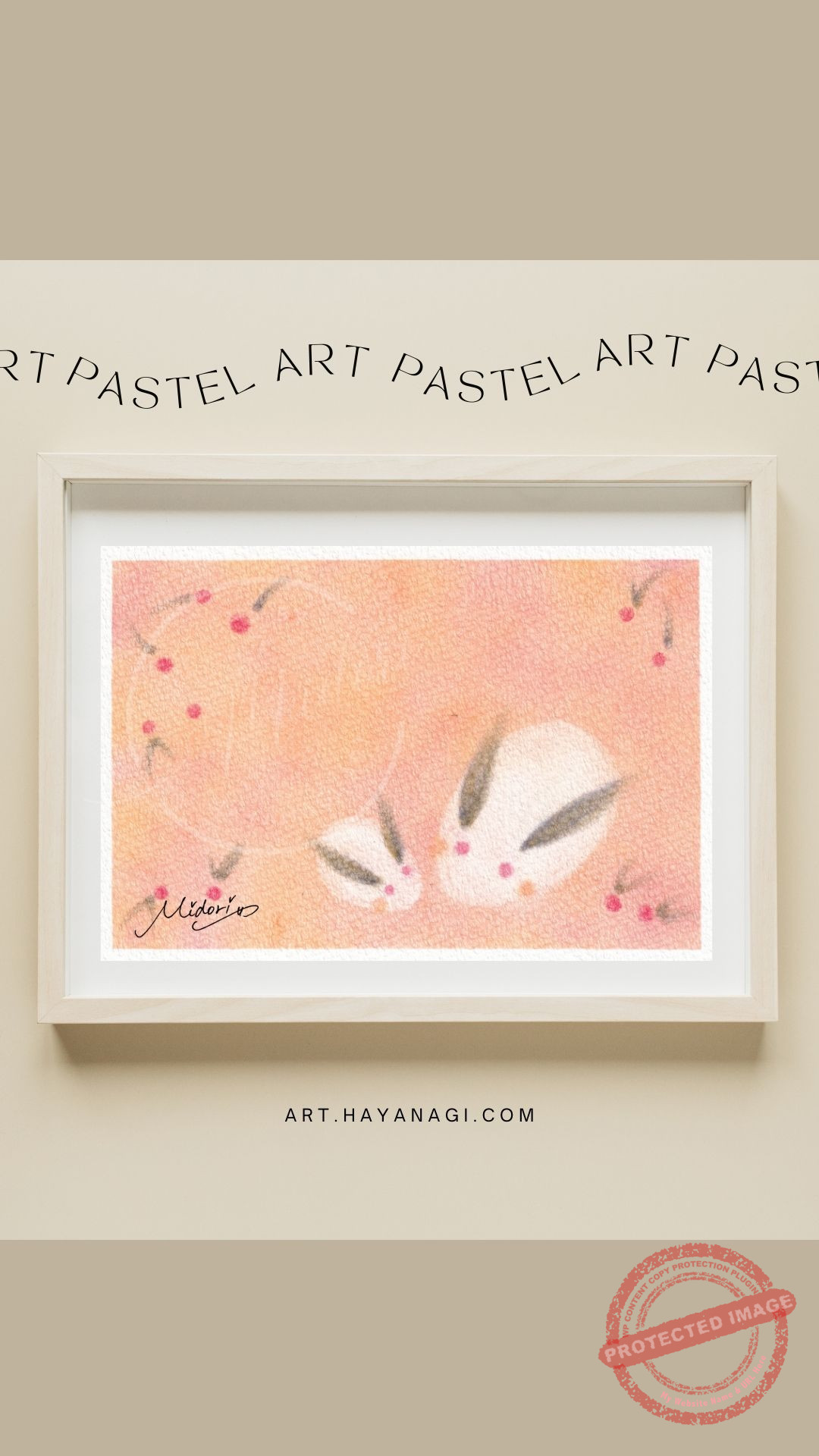 3色パステルアートで描いた『雪うさぎ』の親子です。橙・赤・紺の3色のパステルを使用した、寒さの中に温もりを感じる冬の風景画。MIDORIの癒やしのパステルアート作品です。