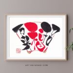 招福万来の筆文字作品。扇形の中に赤とゴールドのカラー筆ペンで力強く書かれた四字熟語が美しい縁起の良い一枚