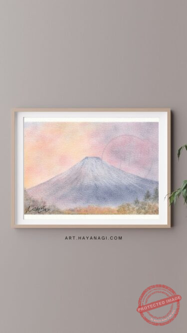 赤、橙、紺の3色で描いたパステルアート作品『富士山』