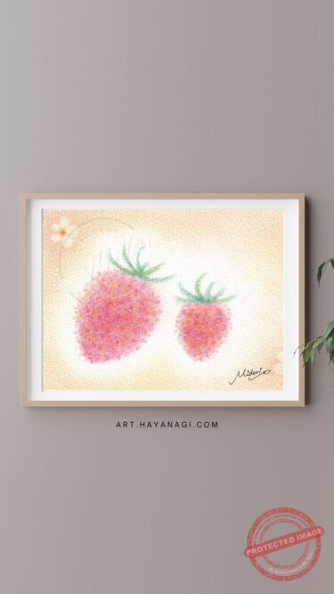 赤・青・黄の3色のパステルで描いた『いちご』の作品。「とちぎのいちごの日」に寄せて。
