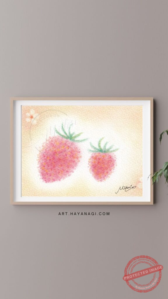 赤・青・黄の3色のパステルで描いた『いちご』の作品。「とちぎのいちごの日」に寄せて。