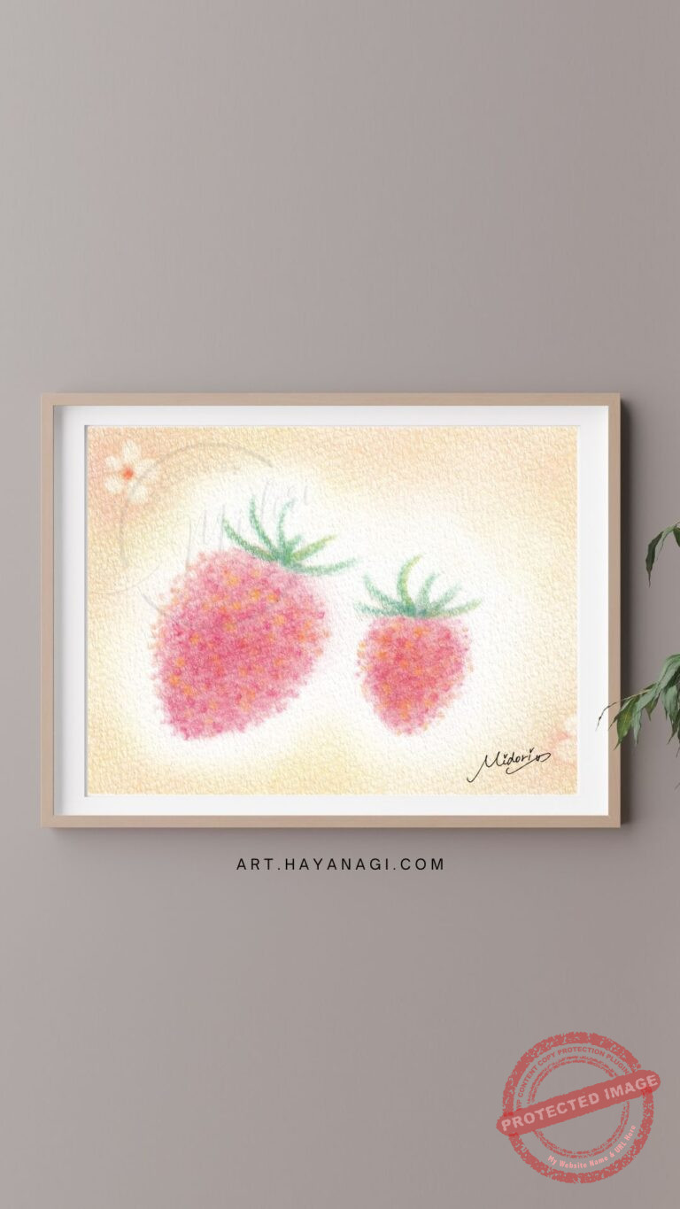 赤・青・黄の3色のパステルで描いた『いちご』の作品。「とちぎのいちごの日」に寄せて。