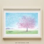 桃色・青色・黄色の3色のパステルで描かれた満開の桜のパステル画作品