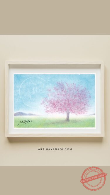 桃色・青色・黄色の3色のパステルで描かれた満開の桜のパステル画作品