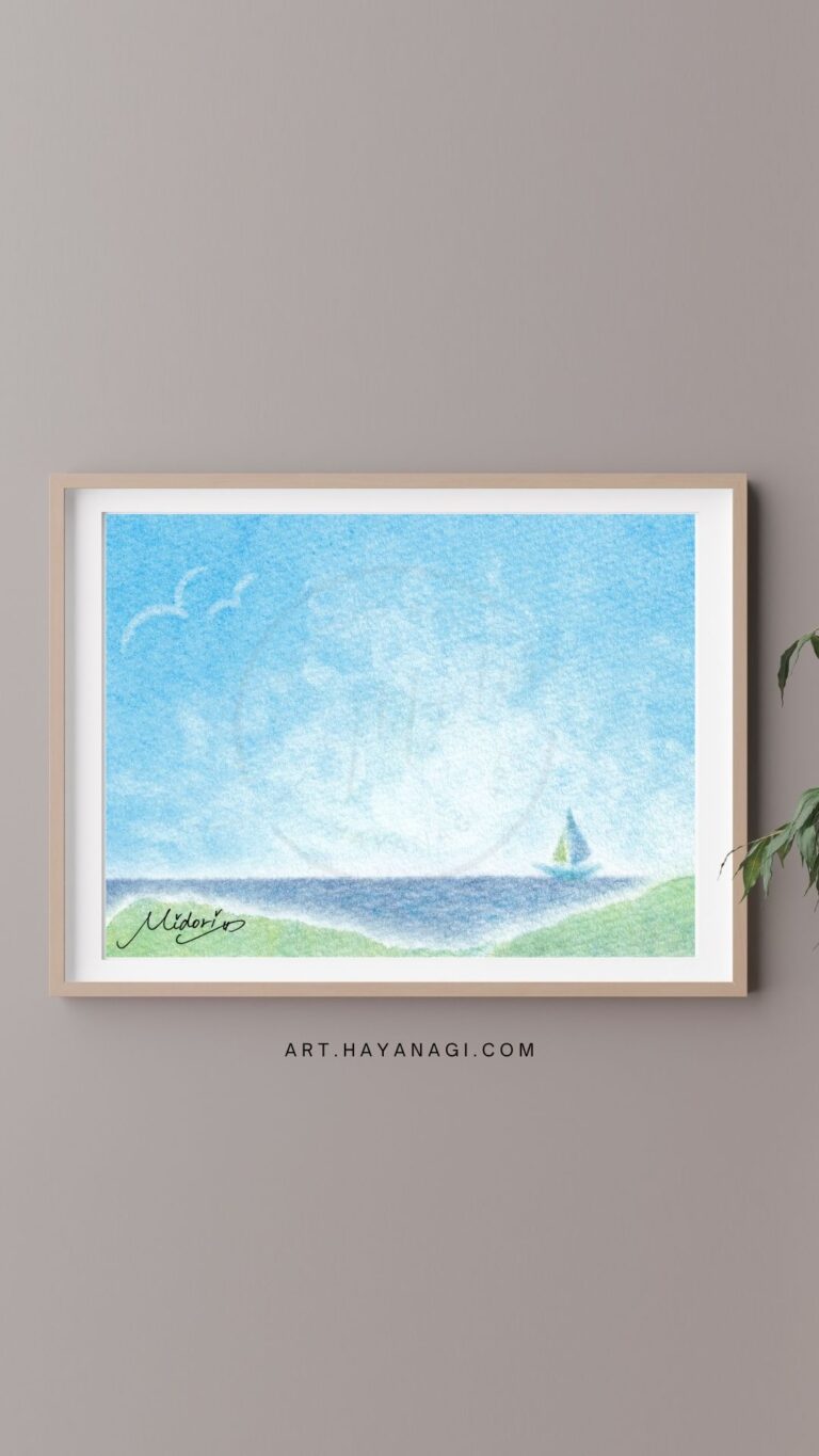 Daisoパステルの黄青紺で描いた3色パステルアート『海の見える風景画』