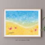 青・橙・赤で描いた3色パステルアート『波打ちぎわ』