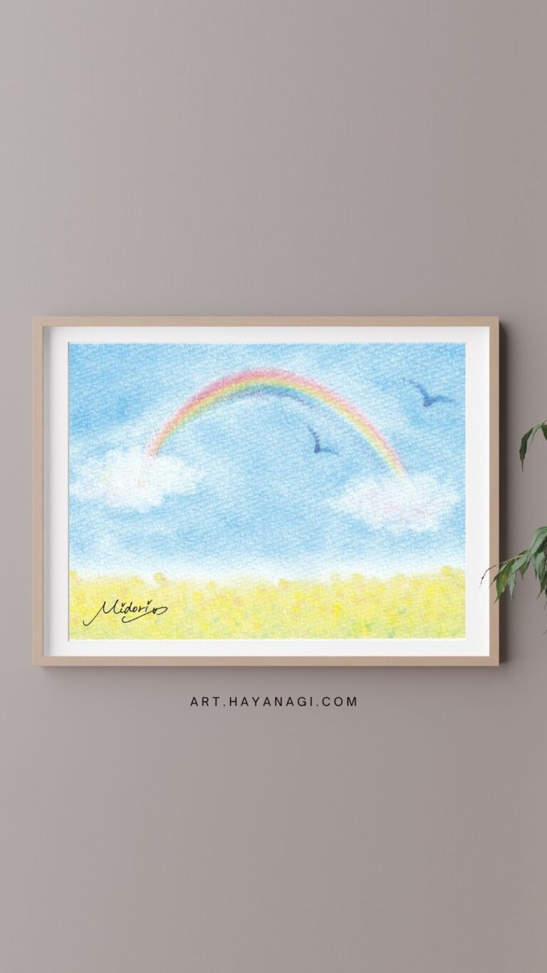 桃青黄で描いた3色パステルアート『虹』の作品
